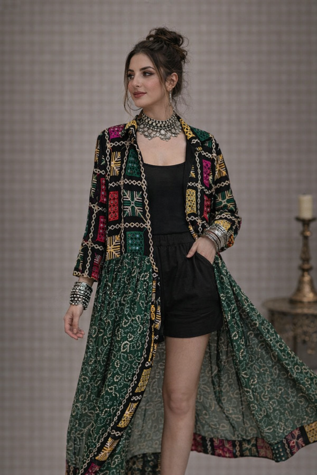 Phulkari Jacket with Slip Dress for Evening Events