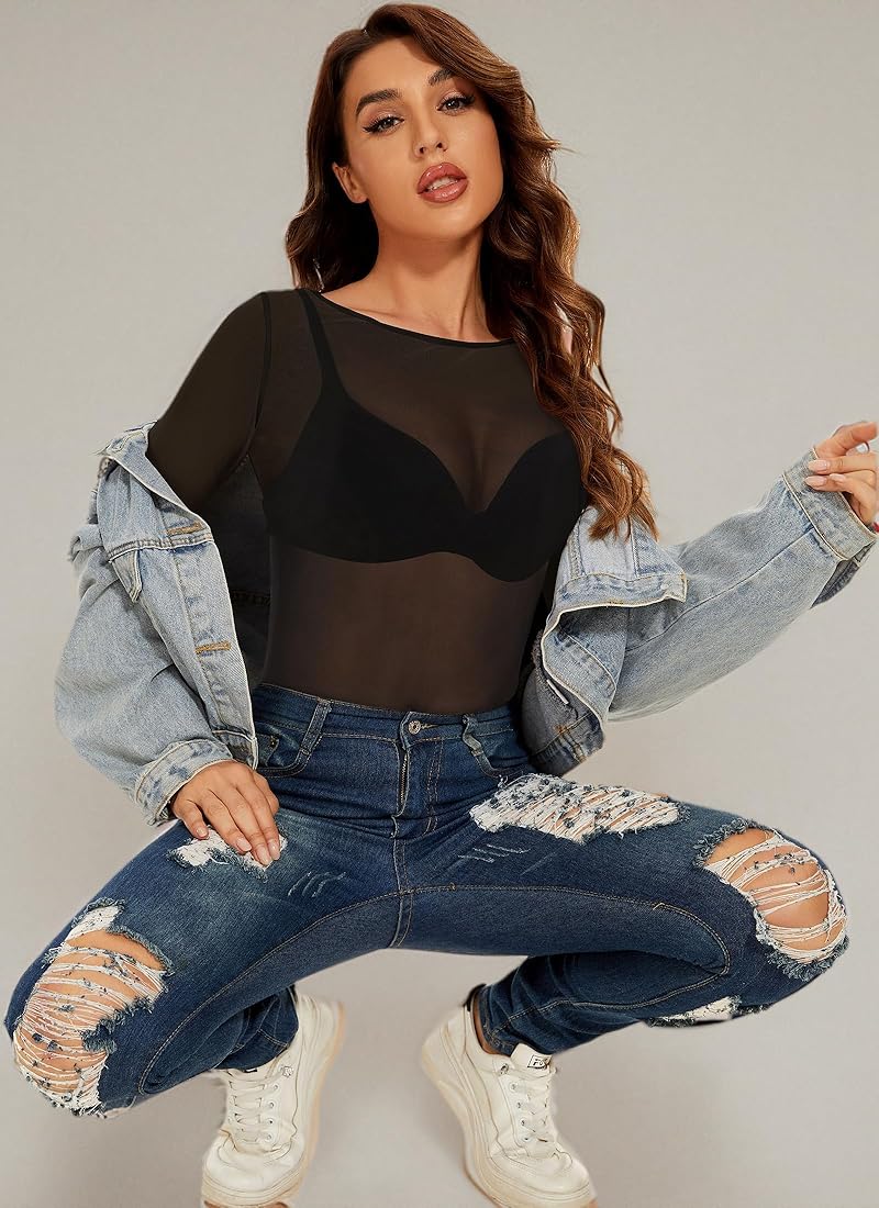 Sheer mesh tops long sleeve