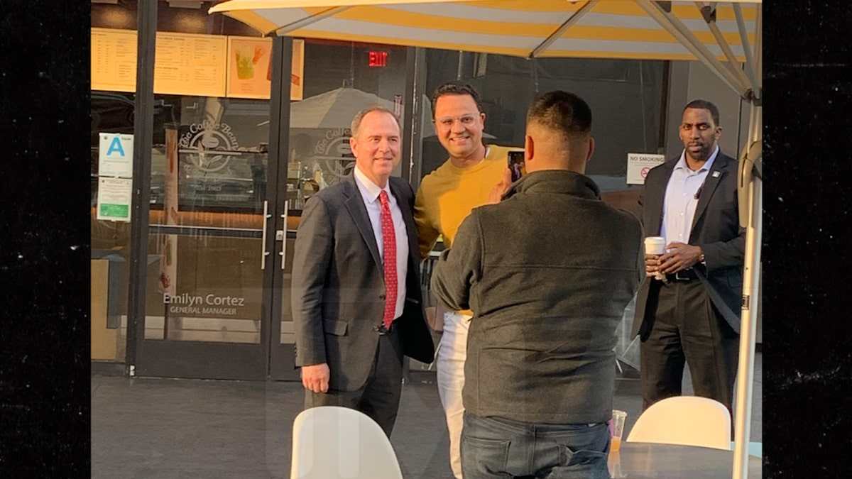 Rep. Adam Schiff Mugs for Selfies with Fans Outside Coffee Bean
